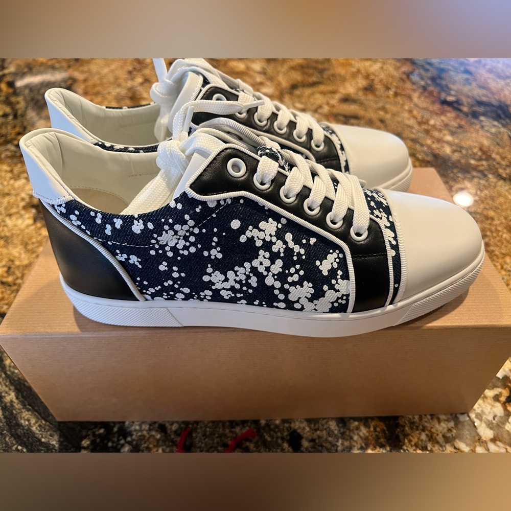 NIB Christian Louboutin Vieira Orlato Flat Calf/Denim Version Navy-White Wms 38